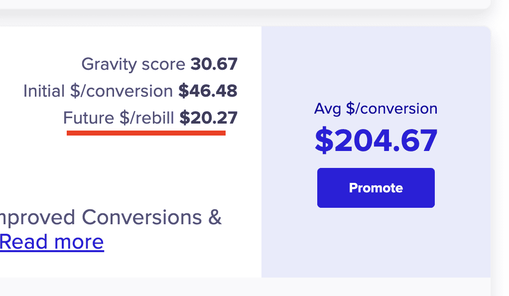 Rebill revenue example on ClickBank's marketplace